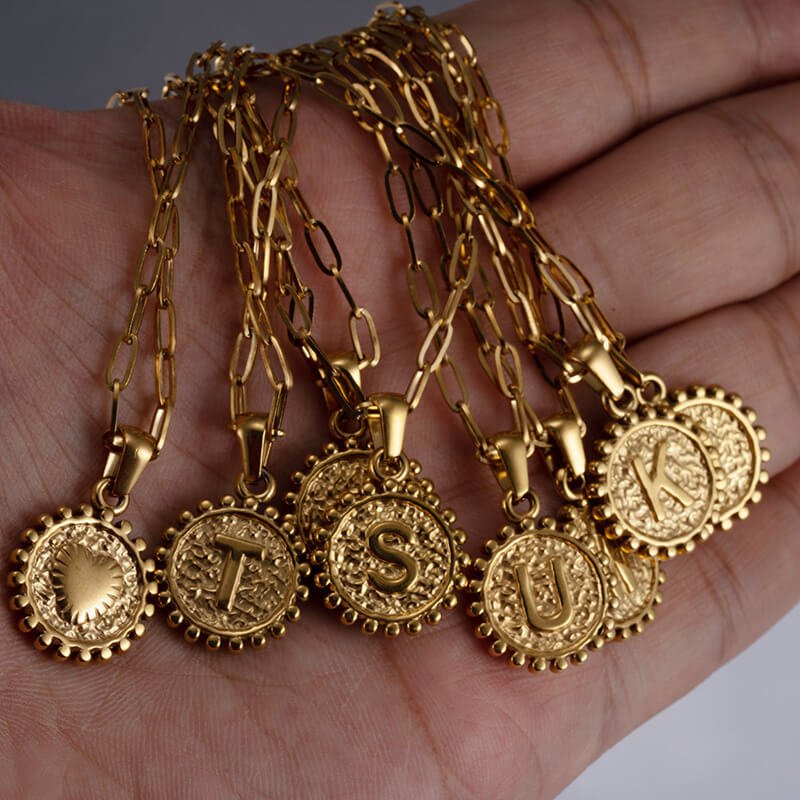 Stainless Steel Double Chain Round Coin Initial Necklace - Image 2