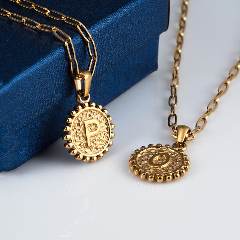 Stainless Steel Double Chain Round Coin Initial Necklace - Image 3