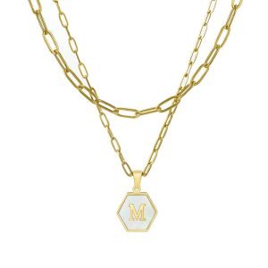 Stainless Steel Double Chain Hexagon Initial Pendant