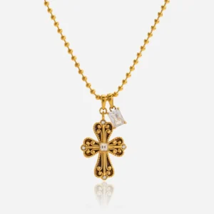 Vintage ornate cross pendant necklace with clear rectangular charm